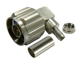 Low P.I.M. right-angle N-type male solder pin crimp connector plug for RG142 – tri-metal plated
